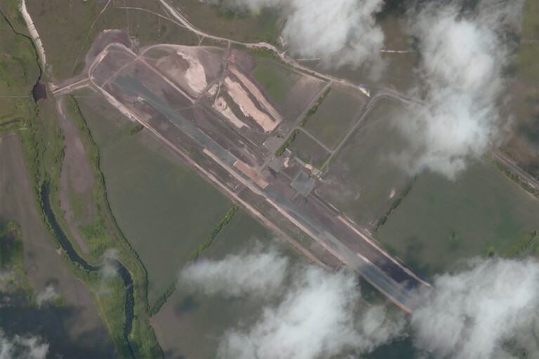 This Planet Labs satellite image shows a newly constructed airfield in the Belgorod Oblast, Russia in June 2024. AP analysis found that the 2,000-meter (yard) runway was built in the late summer of 2023 during the failed Ukrainian counteroffensive. (Planet Labs via AP)