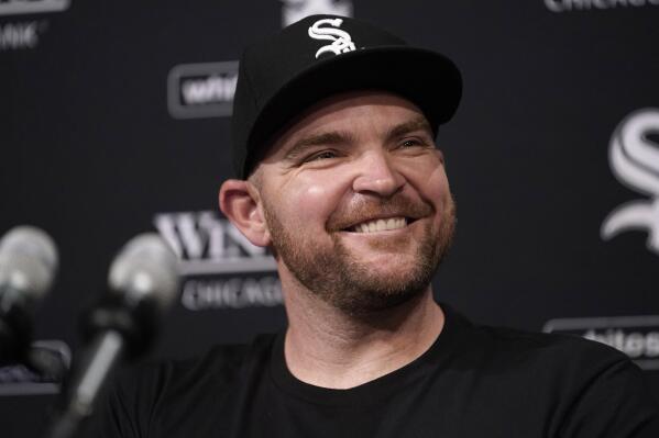 Chicago White Sox's Liam Hendricks smiles as he talks to reporters before a baseball game between the White Sox and the Minnesota Twins on Wednesday, May 3, 2023, in Chicago. (AP Photo/Charles Rex Arbogast)