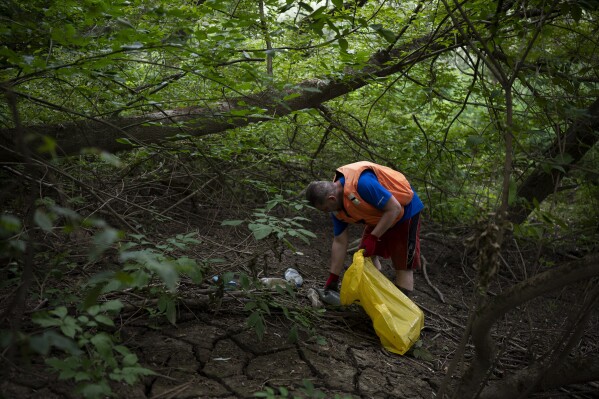 A volunteer collects rubbish from the banks of Tisza River near Tiszaroff, Hungary, Tuesday, Aug. 1, 2023. (AP Photo/Denes Erdos)