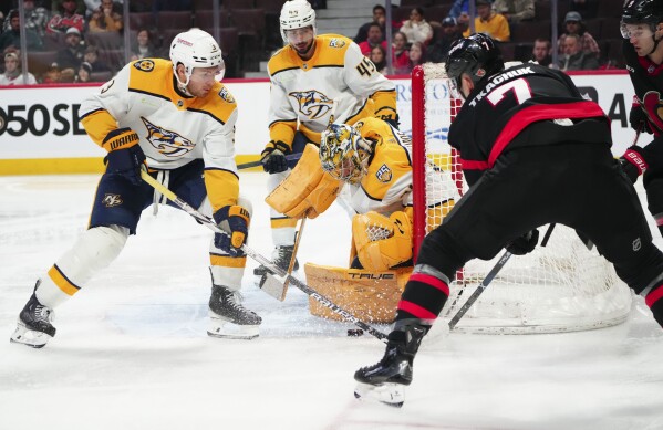 Giroux scores in OT as Senators rally to beat Predators 4-3 | AP News