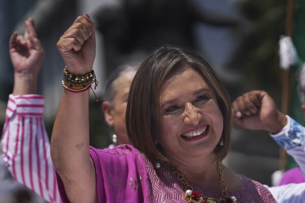 Senator Xóchitl Gálvez, opposition candidate for the presidential elections, smiles during a political event at the Angel of Independence monument, in Mexico City, Sunday, Sept. 3, 2023. (AP Photo/Marco Ugarte)