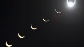 FILE - The progression of a total solar eclipse is seen in a multiple exposure photograph taken in 5-minute intervals, with the moon passing in front of the sun above Siem Reap in northwestern Cambodia, 225 kilometers (140 miles) from Phnom Penh, on Tuesday, Oct. 24, 1995. (AP Photo/Richard Vogel, File)