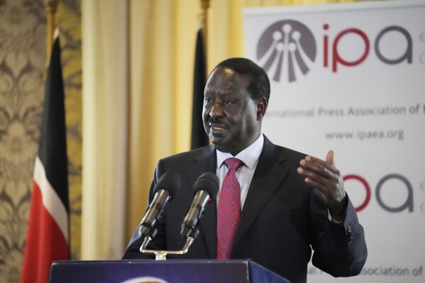 Kenya's opposition leader Raila Odinga speaks during a press briefing with journalists in Nairobi, Kenya, Tuesday, 25, July, 2023. Opposition parties in Kenya said on Tuesday they are filing charges of "police atrocities" that left 30 people dead at the International Criminal Court in the wake of protests against the rising cost of living and the imposition of new taxes. (AP Photo/ Khalil Senosi)