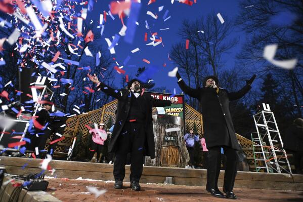 Groundhog Club Groundhog Club Vice President Dan McGinley (right) and Dave Gigliotti entertain the crowd while waiting for Punxsutawney Phil during the 137th celebration of Groundhog Day on Thursday, Feb. 2, 2023. (AP Photo/Barry Reeger)