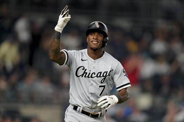 Chicago White Sox' Tim Anderson reacts towards the crowd while running the bases after hitting a three-run home run off New York Yankees relief pitcher Miguel Castro in the eighth inning of the second baseball game of a doubleheader, Sunday, May 22, 2022, in New York. (AP Photo/John Minchillo)