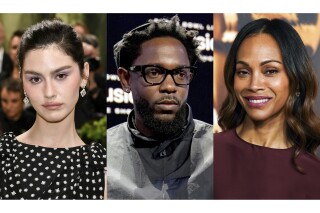 Gracie Abrams appears at The Metropolitan Museum of Art's Costume Institute benefit gala in New York on May 6, 2024, left, Kendrick Lamar appears at a news conference in New Orleans on Feb. 6, 2025, center, and Zoe Saldana appears at the Oscars Nominees Dinner in Los Angeles on Feb. 25, 2025. (AP Photo)
