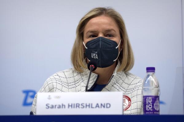 FILE - United States Olympic and Paralympic Committee CEO Sarah Hirshland speaks during a press conference at the 2022 Winter Olympics, Feb. 4, 2022, in Beijing. (AP Photo/Mark Schiefelbein, File)