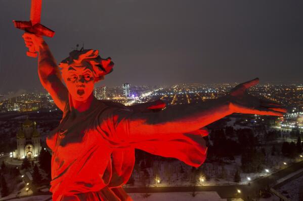 A giant statue of Mother of the Homeland is seen atop of the memorial on Mamayev Hill in the southern city of Volgograd, Russia, on Wednesday, Feb. 1, 2023, the 80th anniversary of the Soviet victory in the city once known as Stalingrad. The Battle of Stalingrad turned the tide in World War II with the death toll for soldiers and civilians estimated at about 2 million. Russian President Vladimir Putin was on hand for the anniversary of the battle amid the war in Ukraine, which on Feb. 24, 2023, will mark its first anniversary. (AP Photo, File)