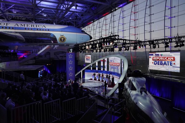 Republican presidential candidates participate in a Republican presidential primary debate hosted by FOX Business Network and Univision, Wednesday, Sept. 27, 2023, at the Ronald Reagan Presidential Library in Simi Valley, Calif. (AP Photo/Mark J. Terrill)