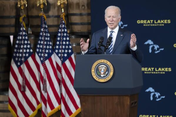 President Joe Biden speaks the about the long-delayed cleanup of Great Lakes harbors and tributaries polluted with industrial toxins at the Shipyards, Thursday, Feb. 17, 2022, in Lorain, Ohio. Cleanup will accelerate dramatically with a $1 billion boost from Biden's infrastructure plan. (AP Photo/Ken Blaze)