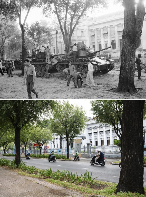This combination of photos shows rebel tanks drawn up in front of the presidential palace in Saigon, Vietnam on Nov. 3, 1963 during a coup that brought downfall and death of South Vietnam President Ngo Dinh Diem and his brother Ngo Dinh Nhu, top, and the same location in Ho Chi Minh City on April 18, 2025. (AP Photo/Thanh Hue)