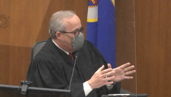 In this screen grab from video, Hennepin County Judge Peter Cahill presides over jury selection, Tuesday, March 23, 2021, in the trial of former Minneapolis police officer Derek Chauvin at the Hennepin County Courthouse in Minneapolis, Minn.   Chauvin is charged in the May 25, 2020, death of George Floyd.  (Court TV via AP, Pool) (Court TV via AP, Pool)