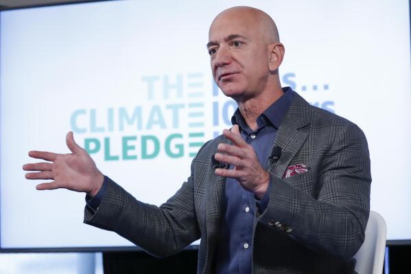 FILE - This Sept. 19, 2019, file photo shows Jeff Bezos speaking at the National Press Club in Washington. The Smithsonian Institution announced July 14, 2021, that Bezos, founder of Amazon and space-flight company Blue Origin, is donating $200 million to the National Air and Space Museum. (AP Photo/Pablo Martinez Monsivais)