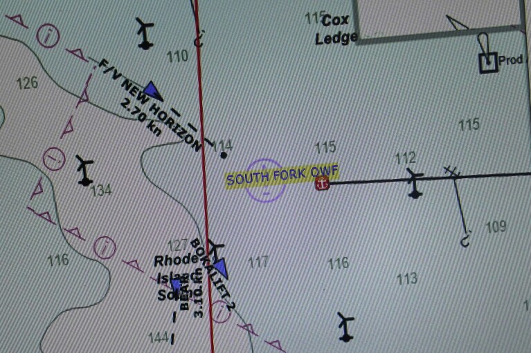 A nautical chart for the South Fork Wind project area is displayed on the vessel Jones Act Enforcer, Tuesday, July 11, 2023, off the coast of Rhode Island. (AP Photo/Charles Krupa)