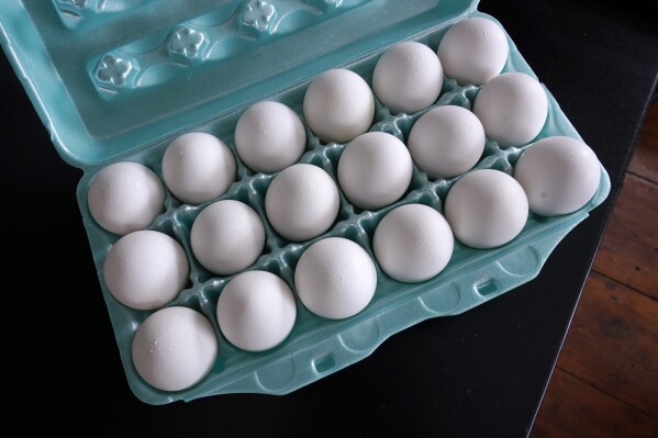 FILE - A carton of eggs sits on a kitchen counter on March 17, 2023, in East Derry, N.H. Egg prices are 43% higher than they were three years ago. (AP Photo/Charles Krupa, File)