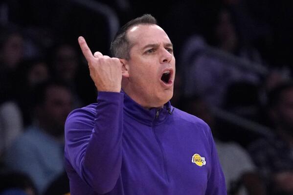 FILE - Los Angeles Lakers head coach Frank Vogel gestures during the second half of an NBA basketball game against the New Orleans Pelicans, Sunday, Feb. 27, 2022, in Los Angeles. The Phoenix Suns hired former NBA champion coach Frank Vogel on Friday, June 3, 2023, to replace Monty Williams, a person with knowledge of the decision told The Associated Press. (AP Photo/Mark J. Terrill, File)