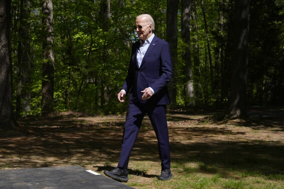 President Joe Biden arrives to speak at Prince William Forest Park on Earth Day, Monday, April 22, 2024, in Triangle, Va. Biden is announcing $7 billion in federal grants to provide residential solar projects serving low- and middle-income communities and expanding his American Climate Corps green jobs training program. (AP Photo/Manuel Balce Ceneta)