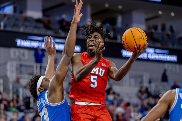 SMU guard Emmanuel Bandoumel (5) drives to the basket against Memphis center Malcom Dandridge (23) during the first half of an NCAA college basketball game in the semifinals of the American Athletic Conference tournament in Fort Worth, Texas, Saturday, March 12, 2022. (AP Photo/Gareth Patterson)