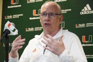 FILE - Miami head coach Jim Larranaga speaks during the school's NCAA college basketball media day, Friday, Oct. 7, 2022, in Coral Gables, Fla. Larranaga and Miami (3-0) will play Providence (3-0) in the opening round of the Naismith Basketball Hall of Fame Tip-Off Tournament in Uncasville, Connecticut on Saturday, Nov. 19, with the Hurricanes’ coach, and 1971 Providence graduate, entering with 699 career wins(AP Photo/Marta Lavandier, File)