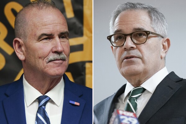 In this combination photo, judge Patrick Dugan speaks, March 31, 2025, in Philadelphia, left, and Philadelphia District Attorney Larry Krasner speaks during a news conference in Philadelphia, Jan. 31, 2022. (AP Photo)