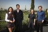 Eiza Gonzalez, from left, John Krasinski, Natalie Portman, and Domhnall Gleeson pose for portrait photographs to promote the film 'Fountain of Youth' in Paris, Monday, April 30, 2025. (AP Photo/Thomas Padilla)