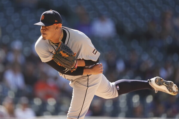 Detroit Tigers starting pitcher Keider Montero works against the Colorado Rockies during the first inning in the second baseball game of a doubleheader Thursday, May 8, 2025, in Denver. (AP Photo/David Zalubowski)