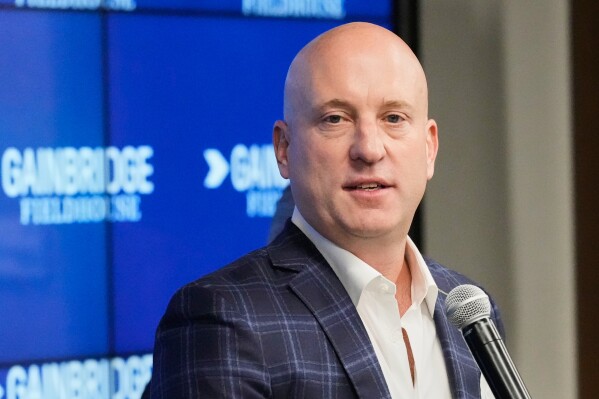 Group 1001 President & Chief Executive Officer Dan Towriss, also CEO of TWG Motorsports, speaks during a news conference in Indianapolis, Monday, Sept. 27, 2021.(AP Photo/AJ Mast, File)