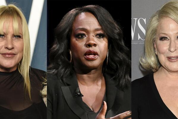 This combination of photos shows actor Patricia Arquette at the Vanity Fair Oscar Party in Beverly Hills, Calif., on March 27, 2022, left, actor Viola Davis promoting her book "Finding Me" in New York on April 27, 2022, center, and actor-singer Bette Midler at the WSJ. Magazine 2019 Innovator Awards in New York on Nov. 6, 2019. Arquette, Davis and Midler are among the many celebrities speaking out about the Supreme Court's 5-3 decision overturning Roe v. Wade. (Photos by Evan Agostini/Invision/AP)