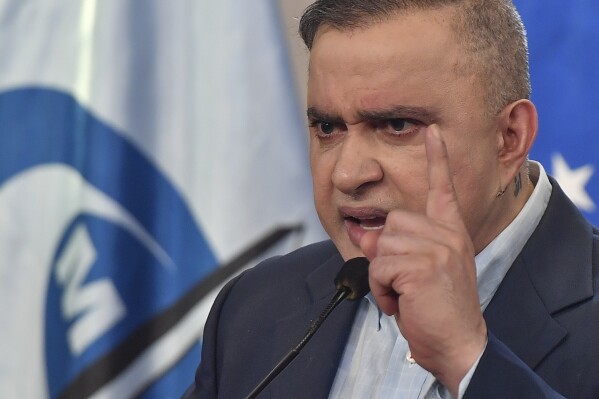 FILE - Venezuelan Attorney General Tarek William Saab speaks during a news conference in Caracas, Venezuela, March 25, 2023. Saab on Wednesday, Dec. 6, 2023, ordered the arrests of several prominent members of the opposition, including former National Assembly leader Juan Guaido and former lawmaker Leopoldo Lopez as well as three campaign staffers of presidential candidate Maria Corina Machado. (AP Photo/Matias Delacroix, File)