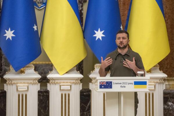 Ukrainian President Volodymyr Zelenskyy, speaks during a press conference with Australian Prime Minister Anthony Albanese, in Kyiv, Ukraine, Sunday, July 3, 2022. (AP Photo/Nariman El-Mofty)