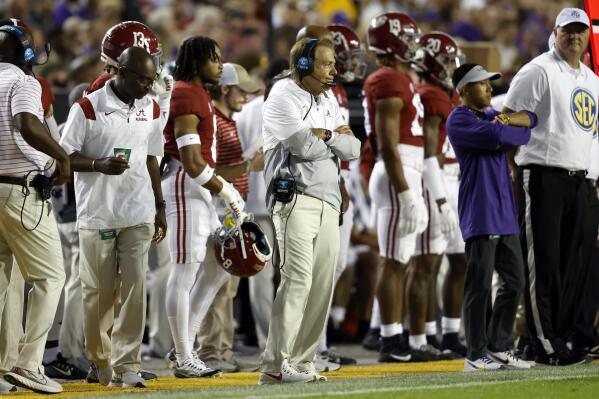 Alabama head coach Nick Saban reacts to a play during the first half of an NCAA college football game against LSU in Baton Rouge, La., Saturday, Nov. 5, 2022. LSU won 32-31 in overtime. (AP Photo/Tyler Kaufman)