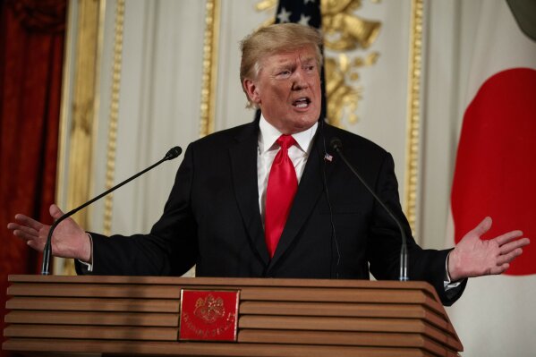 
              President Donald Trump speaks during a news conference with Japanese Prime Minister Shinzo Abe, at Akasaka Palace, Monday, May 27, 2019, in Tokyo. (AP Photo/Evan Vucci)
            