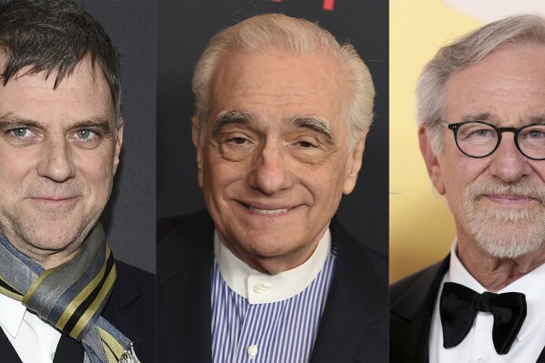 This combination of photos shows filmmakers Paul Thomas Anderson, left, Martin Scorsese and Steven Spielberg who are stepping up to help curate programming for Turner Classic Movies. (AP Photo)