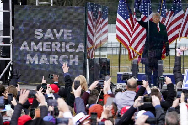 FILE - President Donald Trump arrives to speak at a rally in Washington, Jan. 6, 2021. The Supreme Court will hear arguments on whether Trump is immune from prosecution in a case accusing him conspiracy to overturn the results of the 2020 presidential election.  (AP Photo/Jacquelyn Martin, file)