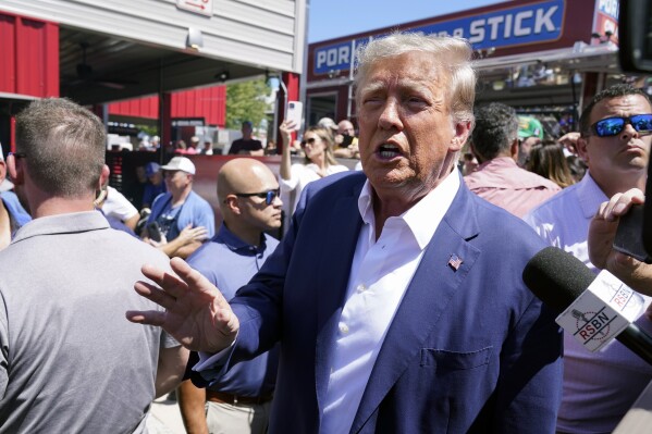 FILE - Republican presidential candidate former President Donald Trump speaks as he visits the Iowa State Fair, Saturday, Aug. 12, 2023, in Des Moines, Iowa. (APPhoto/Charlie Neibergall, File)