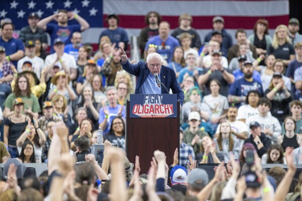 Sen. Bernie Sanders, I-Vt., speaks during his "Fighting Oligarchy" rally at the Ford Idaho Center in Nampa, Idaho, April 14, 2025. (AP Photo/Kyle Green)