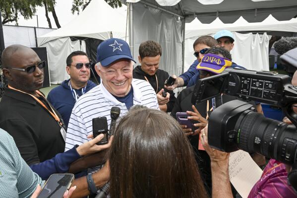 Dallas Cowboys owner Jerry Jones takes questions at the start of NFL football training camp, Tuesday, July 26, 2022, in Oxnard, Calif. (AP Photo/Gus Ruelas)