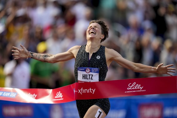 Nikki Hiltz wins the women's 1500-meter final during the U.S. Track and Field Olympic Team Trials, Sunday, June 30, 2024, in Eugene, Ore. (AP Photo/Charlie Neibergall)