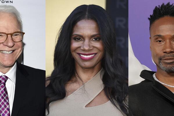 This combination of photos show Steve Martin, left, Audra McDonald, center, and Billy Porter, who are among the celebrities participating in a 10-hour telethon to raise money for the victims of the war in Ukraine. The “Stars in the House” special will air March 26.  (AP Photo)