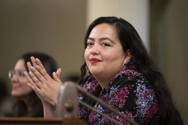 FILE - Wendy Carrillo, D-Los Angeles, listens during the opening session of the California Assembly in Sacramento, Calif., Wednesday, Jan. 4, 2023. Carrillo, who is running for a seat on the Los Angeles city council was arrested early Friday, Nov. 3, morning on suspicion of drunken driving, according to law enforcement and jail records.(AP Photo/José Luis Villegas, File)