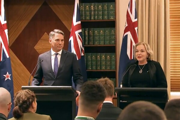 This image made from video shows Australian Deputy Prime Minister and Defence Minister Richard Marles, left, and New Zealand Defence Minister Judith Collins attend a press conference in Melbourne, Australia. Thursday, Feb. 1, 2024. Australia and New Zealand defense and foreign ministers met in Melbourne on Thursday with talks centred on deepening security ties between the neighbouring nations. (Australian Broadcasting Corp. via AP)
