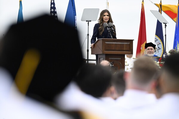 Homeland Security Secretary Kristi Noem speaks at the commencement for the United States Coast Guard Academy, Wednesday, May 21, 2025 in New London, Conn. (AP Photo/Jessica Hill)