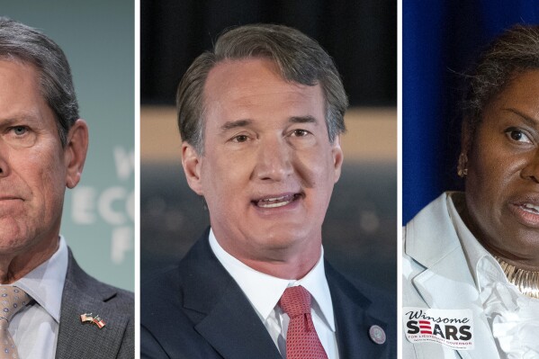 This combination photo shows Georgia Gov. Brian Kemp on Jan. 18, 2024, from left, Virginia Gov. Glenn Youngkin on Dec. 13, 2023, and Virginia Lt. Gov. Winsome Sears on Sept. 1, 2021. Many GOP leaders in battleground states are offering former President Donald Trump only tepid support, or not endorsing him at all, in the 2024 presidential election. (AP Photo)