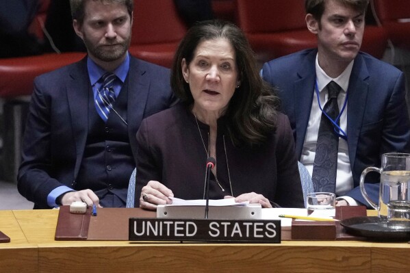 United States UN Ambassador Dorothy Shea addresses the United Nations Security Council, March 24, 2025. (AP Photo/Richard Drew, File)