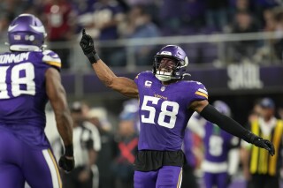 Minnesota Vikings linebacker Jordan Hicks (58) celebrates after a third down stop during the second half of an NFL football game against the San Francisco 49ers, Monday, Oct. 23, 2023, in Minneapolis. (AP Photo/Abbie Parr)