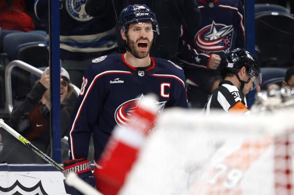 Columbus Blue Jackets forward Boone Jenner celebrates his goal against the Philadelphia Flyers during the second period of an NHL hockey game in Columbus, Ohio, Thursday, Nov. 10, 2022. (AP Photo/Paul Vernon)