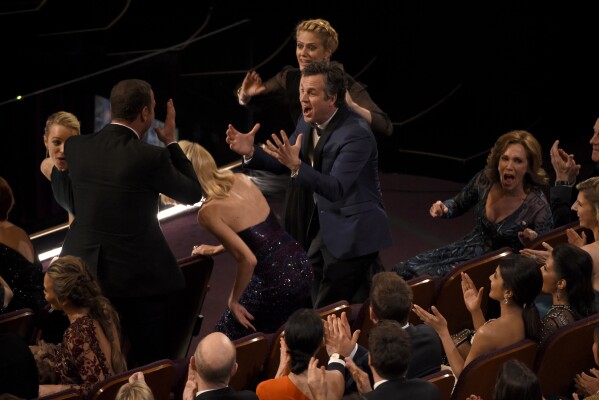 Mark Ruffalo reacts in the audience after "Spotlight" won the award for best picture at the Oscars on Sunday, Feb. 28, 2016, at the Dolby Theatre in Los Angeles. (Photo by Chris Pizzello/Invision/AP)