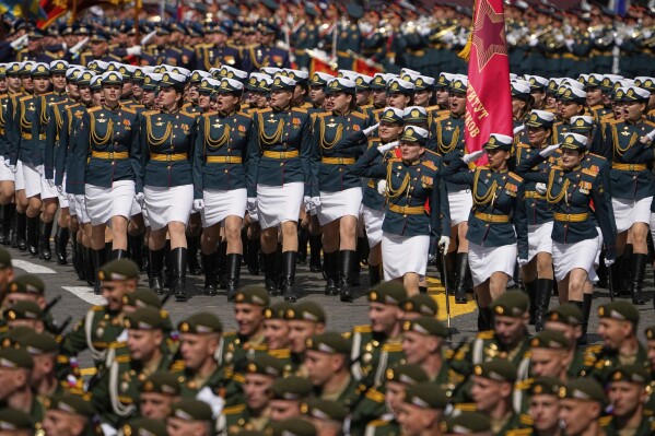 Russian servicewomen attend the Victory Day military parade in Moscow, Russia, Friday, May 9, 2025, during celebrations of the 80th anniversary of the Soviet Union's victory over Nazi Germany during the World War II. (AP Photo/Alexander Zemlianichenko)