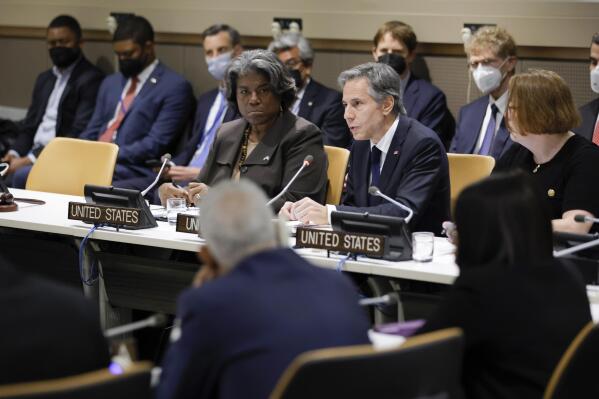 FILE - Secretary of State Antony Blinken sits with Linda Thomas-Greenfield, United States ambassador to the United Nations, as they meet with African ministers at United Nations headquarters, May 18, 2022. Russian, French and American leaders are crisscrossing Africa Wednesday, July 27, 2022, to win support for their positions on the war in Ukraine, an intense competition for influence the continent has not seen since the Cold War. (Eduardo Munoz/Pool Photo via AP, File)