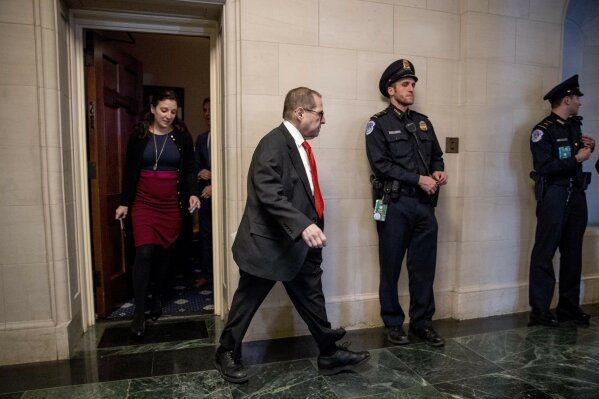 Chairman Jerrold Nadler, D-N.Y. leaves during a break from the House Judiciary Committee markup of the articles of impeachment against President Donald Trump, Thursday, Dec. 12, 2019, on Capitol Hill in Washington. (AP Photo/Andrew Harnik)